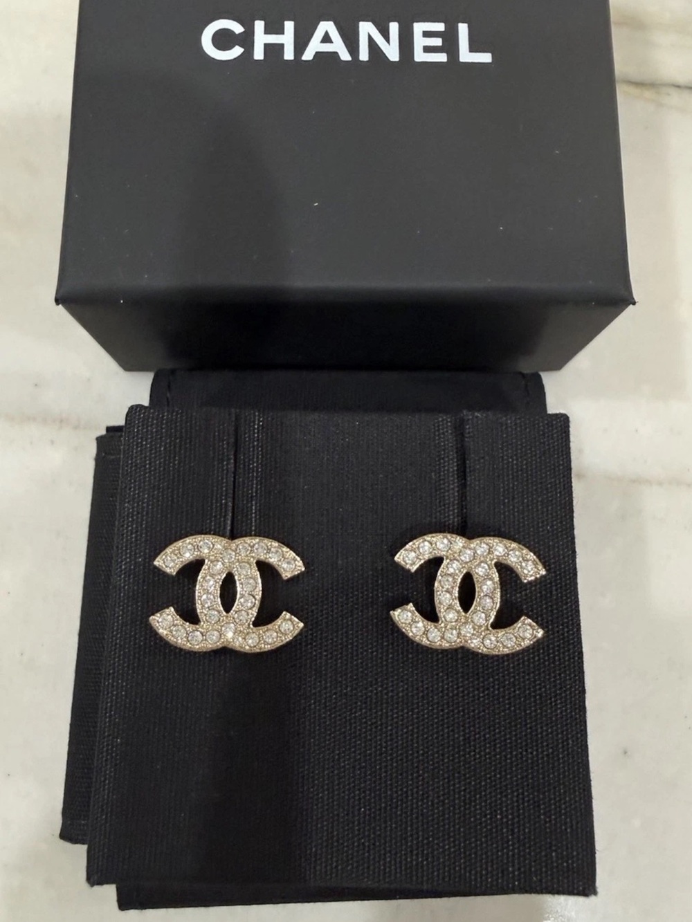 CHANEL Rhinestone Interlocking CC Gold Tone  Earrings NIB